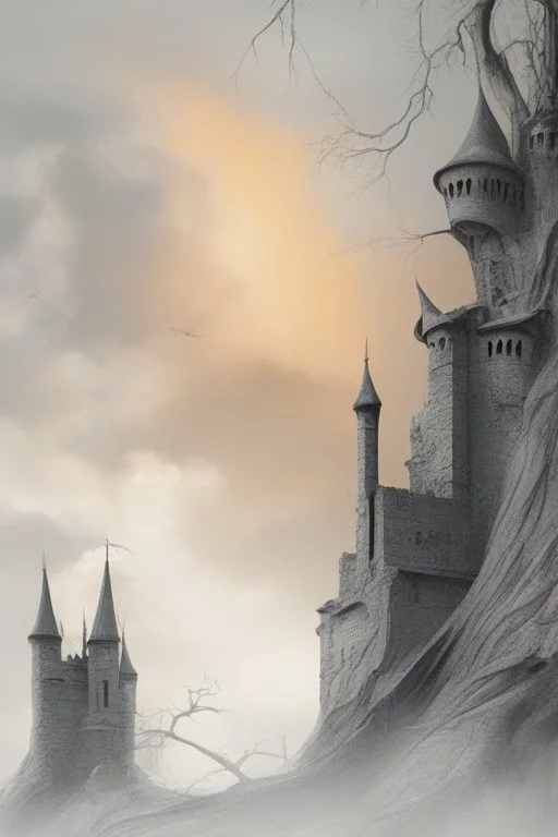 surrealis monochrome A fragmented, surreal sculpture liguid color of photorealistic image 3d,psychedelic art of an castle glossy emerging from dreamlike a crumbling building. The face appears pale with deep cracks and intricate details, evoking a haunting expression. Blackened tree branches intertwine with the gold mengkilat cracks, set against a backdrop of stormy, cloud-filled skies. bauhaus art The overall tone is dark and moody, suggesting themes of decay and transformation.