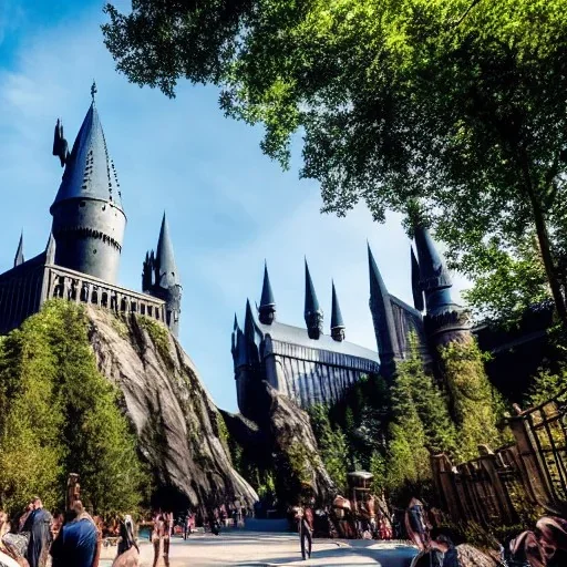 Harry Potter world with magic with beautiful surroundings with clear features of people and avatars, big fight with dark theme