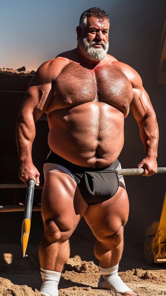 close up photography of a 58-year-old Italian man , strong burly chubby sweat, maneuvers a large excavator in a construction area under the sun, shirtless with safety vest and white see through mesh underwear, opened big legs, backide, looking forward, big belly, curly beard, ambient occlusion, frontal view, 4k, view from the bottom