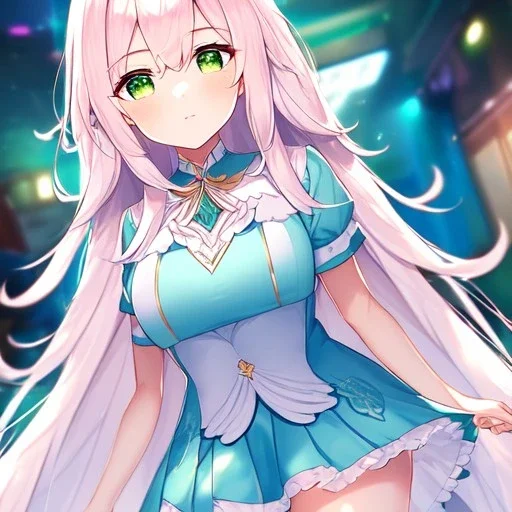 Clear focus,8k,Beatiful Lighting,Detailed, light pink long fluffy hair, long fluffy bangs, green eyes, wearing a stunning sparkling outfit,wearing a short skirt, dating game