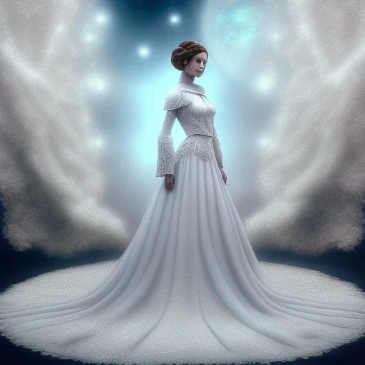 model shoot style, digital art zoomed out portrait of (Princess Leia) ((dressed in white and off white gown)), surrounded by a bulk of planets, ultra-detailed, ultra quality, ((official character art)), (dark fantasy), illustration, eerie atmosphere, 8k, cinematic lighting, bokeh