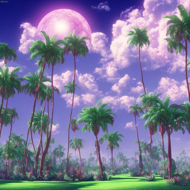 1980's aesthetic vaporwave palm trees with ufo