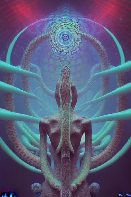 Spiritual being with Tentacles over human Head creating reality around, wrapping Spiral around Human, Psychedelic