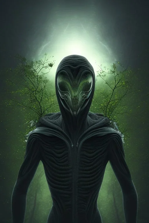 running alien portrait , black jogging suite , in the night Alps , holding leaves and flowers , angels background, volumetric light, high detail, dark leaf tree, dark mountains in background, perfect, HR Giger style