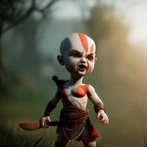 Cute baby video game god of war krotos, axe, mytology, 8k resulation unreal engine 5