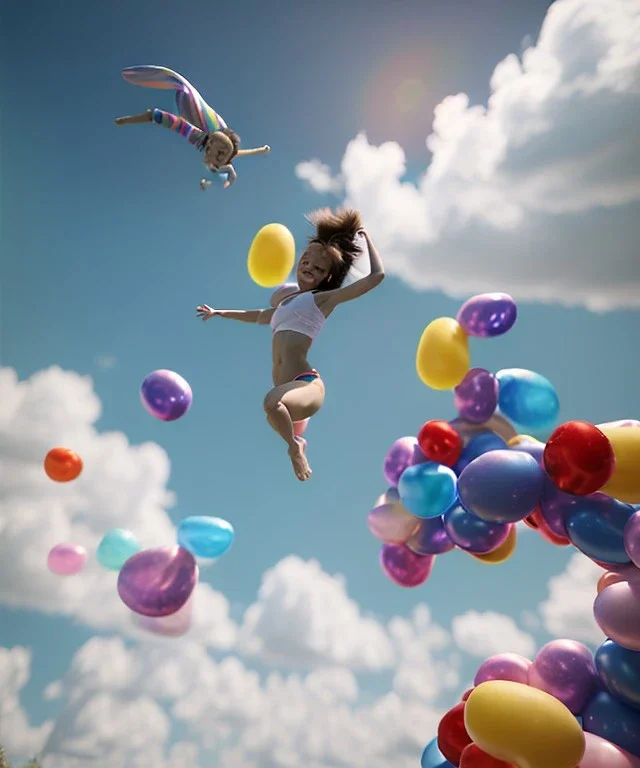 Ultra realistic speed clouds sky scene, wide angle view, sweet men falling down, Childs, feather inflatable color clothing, free jumping flying, many trinkets, hair monster, many jelly beans, balls, color smoke, smile, happy, circus style, extreme, wind, clouds sea, 20,000 feet altitude, stratosphere, soft color, highly detailed, unreal engine 5, ray tracing, RTX, lumen lighting, ultra detail, volumetric lighting, 3d, finely drawn, high definition, high resolution.