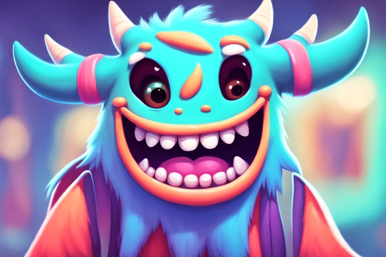 closeup on face of cute character with fur, horns and big toothy grin, peculiar character style, cute monster, skater art