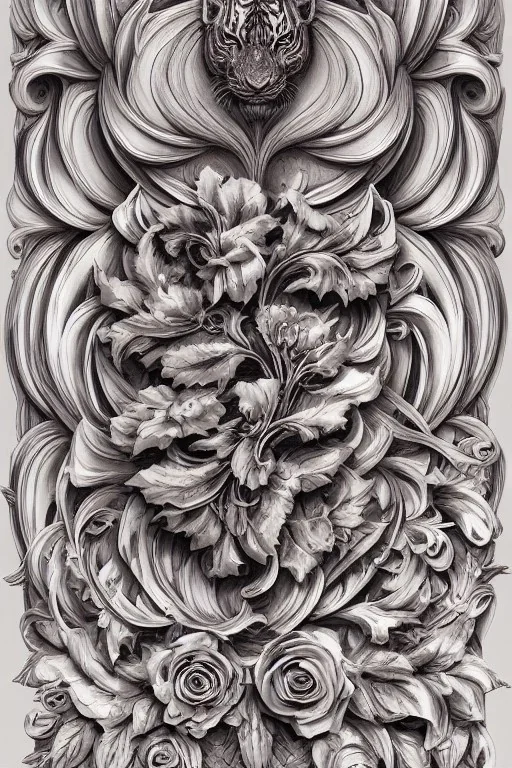 beautiful decorative classical ornamental emblem, spirit tiger, fibonacci rhythms, roses, lilies, rose petals, lily petals, acanthus scrolls, small medium and large elements, artgerm, trending on artstation, wlop, russ abbott