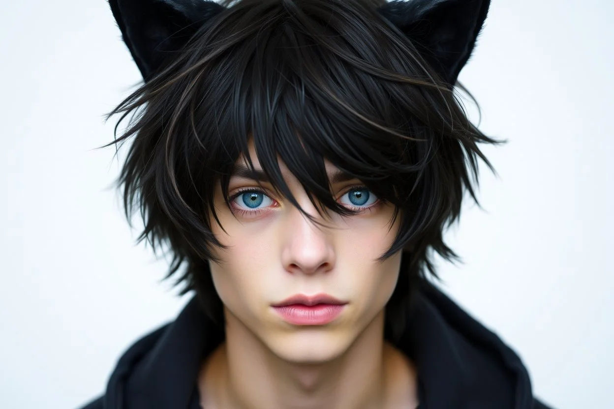 A young man with messy black hair, black cat ears on his head, blue eyes.