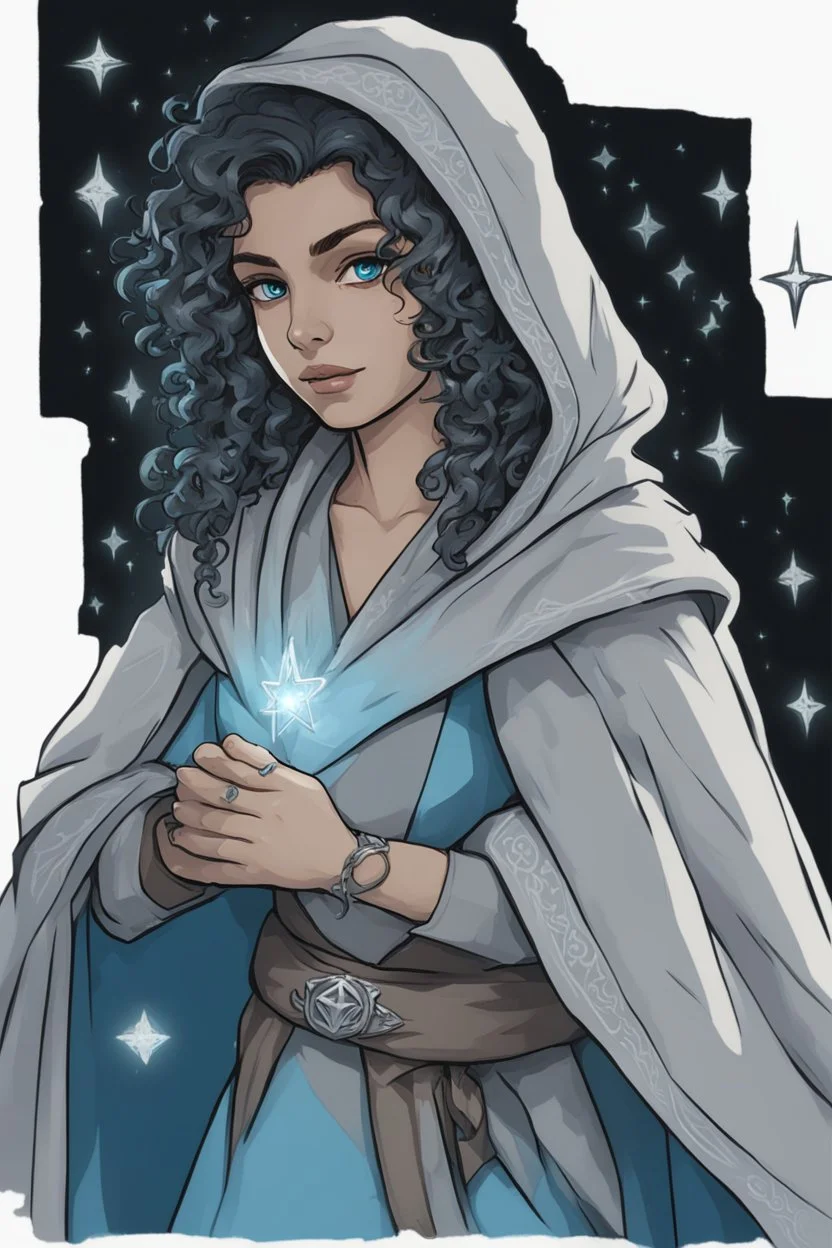 A female DnD character in a dark cave. A mysterious half-elf twilight cleric with dark, super curly hair and blue eyes. Wearing a grey robe with star symbols on it.