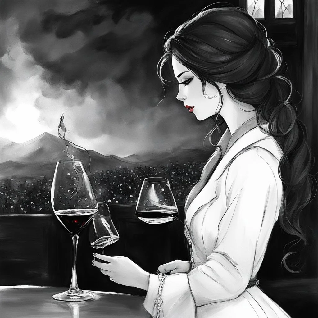 I could feel hot flames of fire roaring at my back As she disappeared, but soon she returned In her hand was a bottle of wine In the other, a glass She poured some of the wine from the bottle into the glass And raised it to her lips And just before she drank it She said