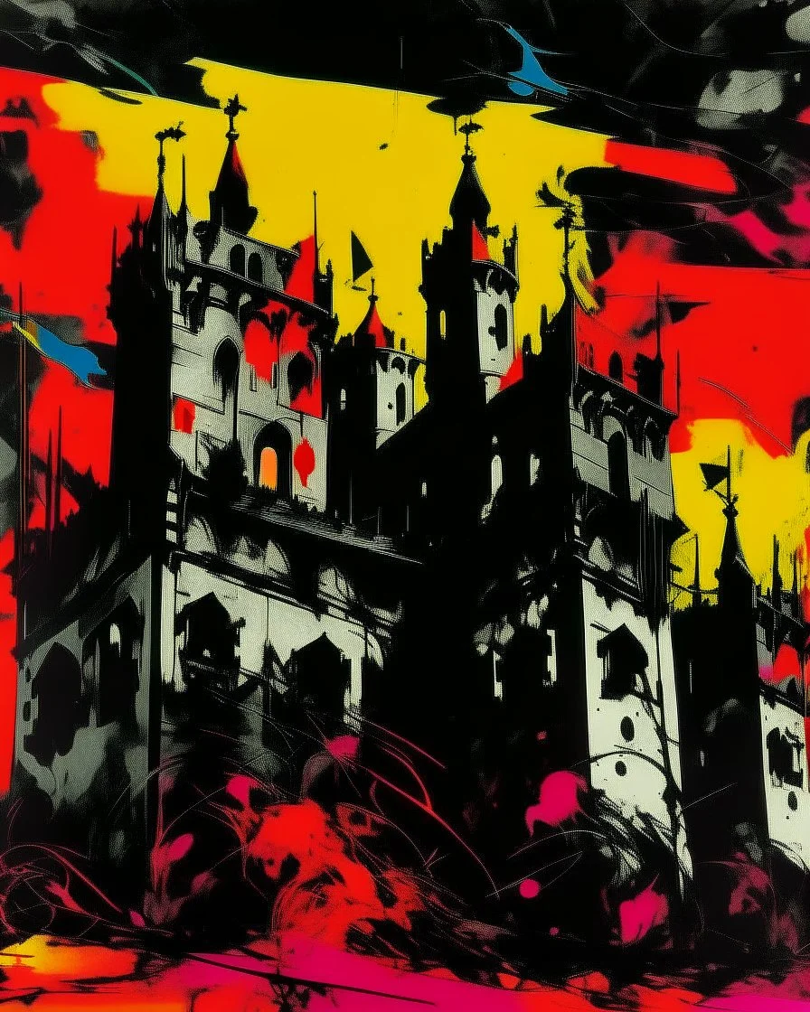 A sinister looking chaotic castle painted by Andy Warhol