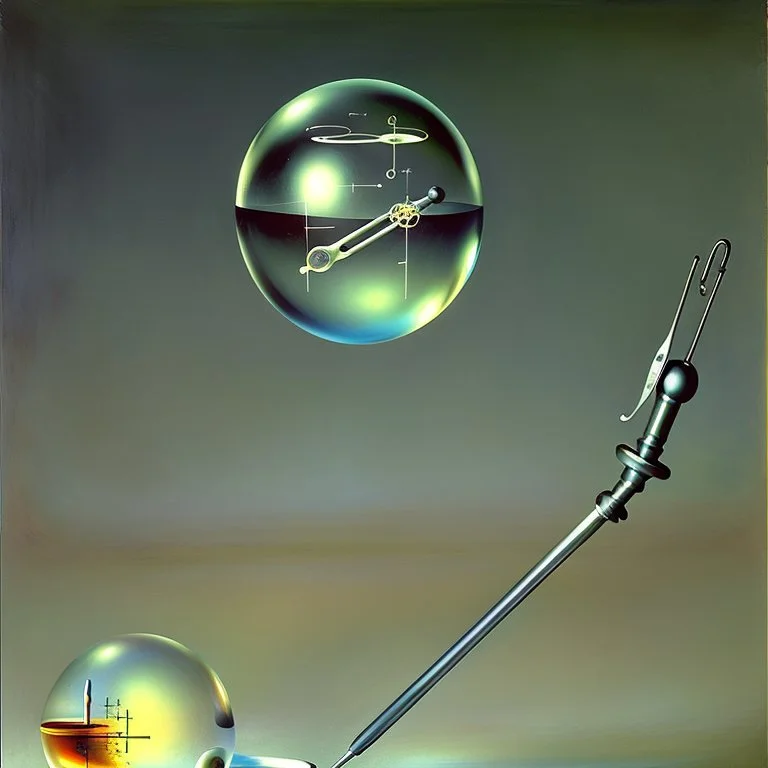 a Soap Bubble including unverse-like complex surgical instruments mixed with musical instruments,Painting By Adrian Ghenie, Rene Magritte, Salvador Dali, Lucian Freud