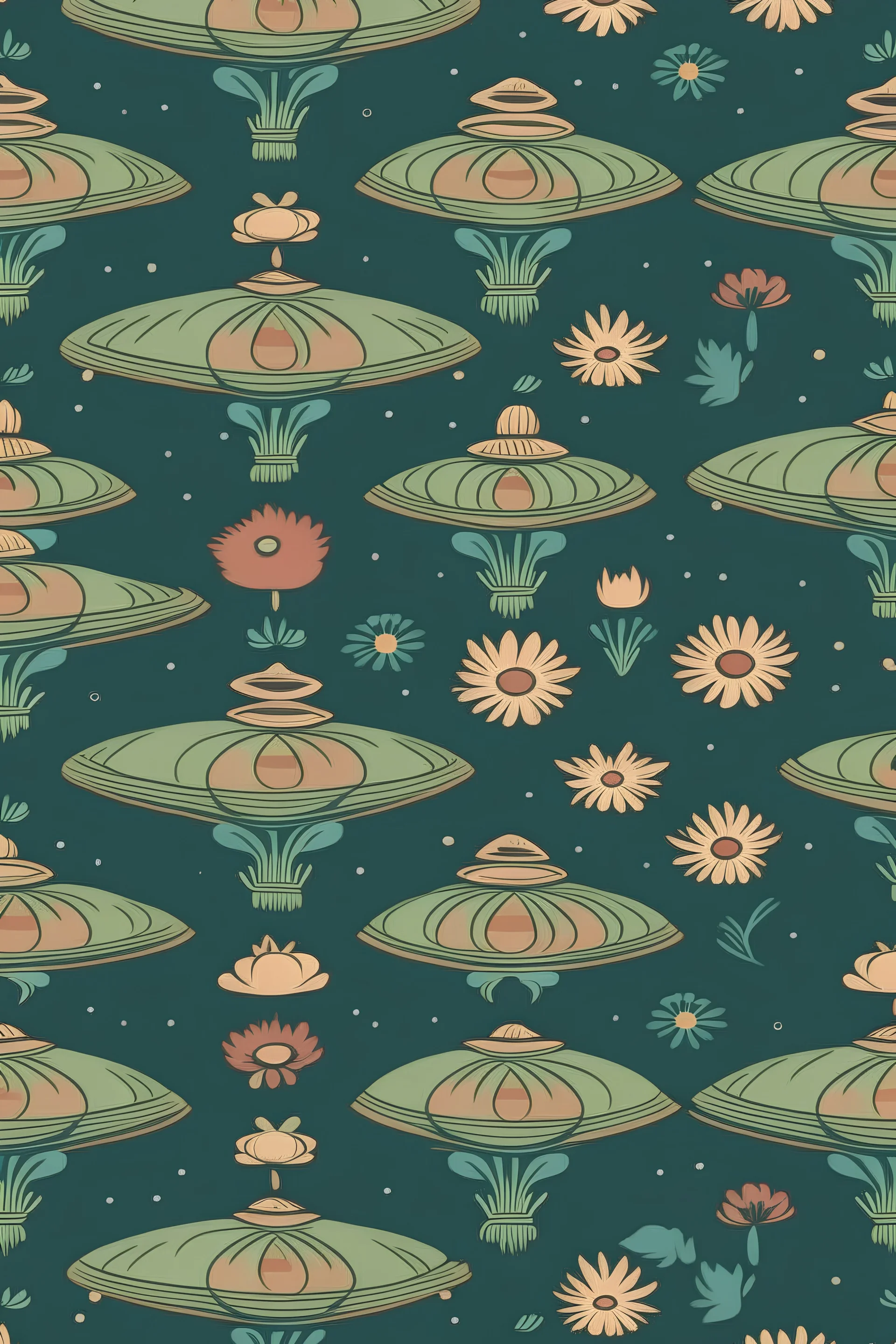 UFO and flower pattern Wallpaper in the style of Charles francis annesley