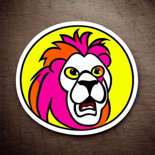 A sticker design in a minimalistic style featuring a caricature lion in vivid colors. The subject is presented alone on a neutral background.