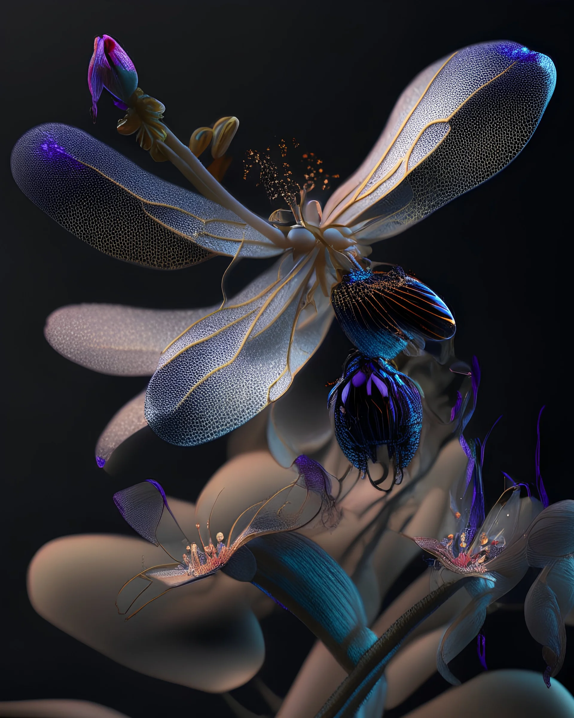 houdini render, highly sharpen detailed beautiful photography of flower, hybrid beautiful photography dragonfly hide in flower, electric, holographic sketch orchid,sharp focus, low contrast, dynamic lighting, elegant, harmony, beauty, masterpiece, by durero, by moebius, by josan gonzalez, lips, ultra lots of high detail, octane render, 8k