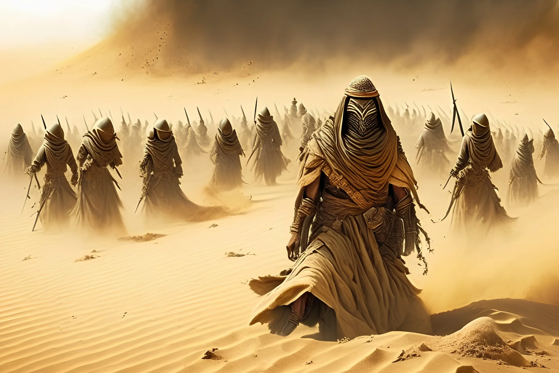 An army in the desert, destroyed by a sandstorm, is an ancient Persian army. Thrown on the ground. defeated. The army is old with an old Islamic character