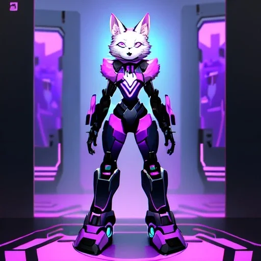 a fox fursona, darker colors, master quality, backlighting, soft lights, full body portrait, in frame, 8k, furry, fur, black and purple color pallet, robotic enhancements, cyberpunk, anthropomorphic