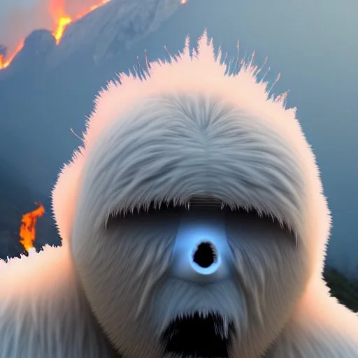 subject = (Yeti in a mask) * (burning yeti huge flames and totally on fire), background = (wildfires, flames, mountains, fires, smoke, disaster, burning)