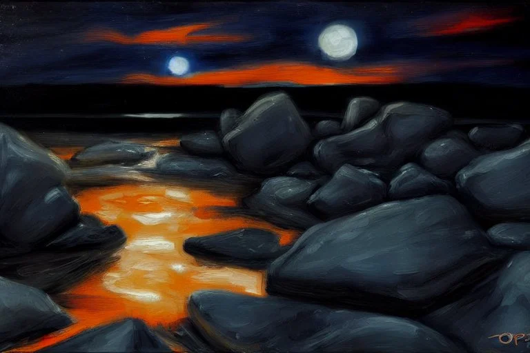 Rocks, night, 2000's sci-fi movies influence, otto pippel impressionism painting