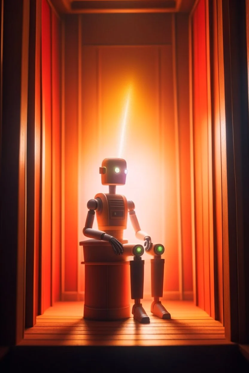 cute chat robot sitting on throne in the narrow walled sauna, its such a perfect day i am glad i spent it with you, motion blur, smoke, 4k, downlight, soft light, depth of field, photorealism, trending on art station