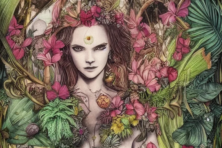 Lilith, Goddess, tropical flowers, realistic heart drawing, crystals, tropical leaves, sacred altar, Fantasy home.Enki Bilal