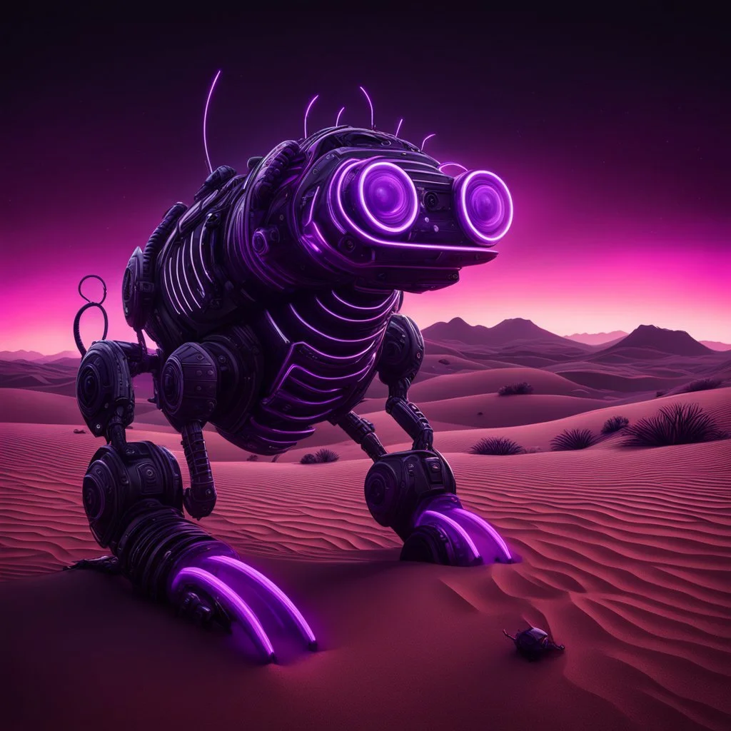 neon black and purple large and long worm-like robot with a 3D hexagon for a head in a dark monochrome desert