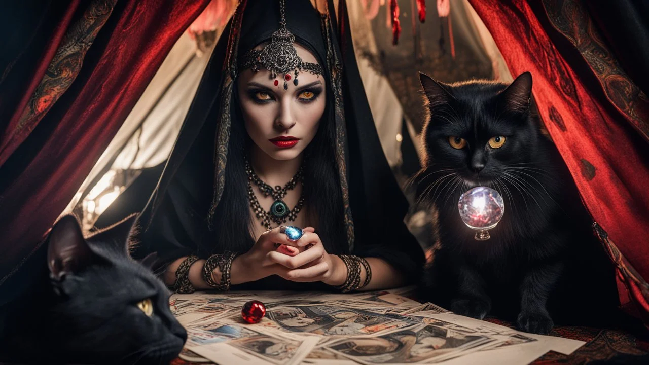 Hyper Realistic photographic-view of Wicked-&-Beautiful-Fortune-teller-with-glowing-red-eyes wearing black-beed-necklace-&-bracelet angrily Looking at her crystal-ball glowing magically & sitting in her tent with a horrifying-black-cat at dark-night decorated with fancy-traditional-feathers, tarot-cards-&-glowing-crystals showing dramatic & cinematic ambiance