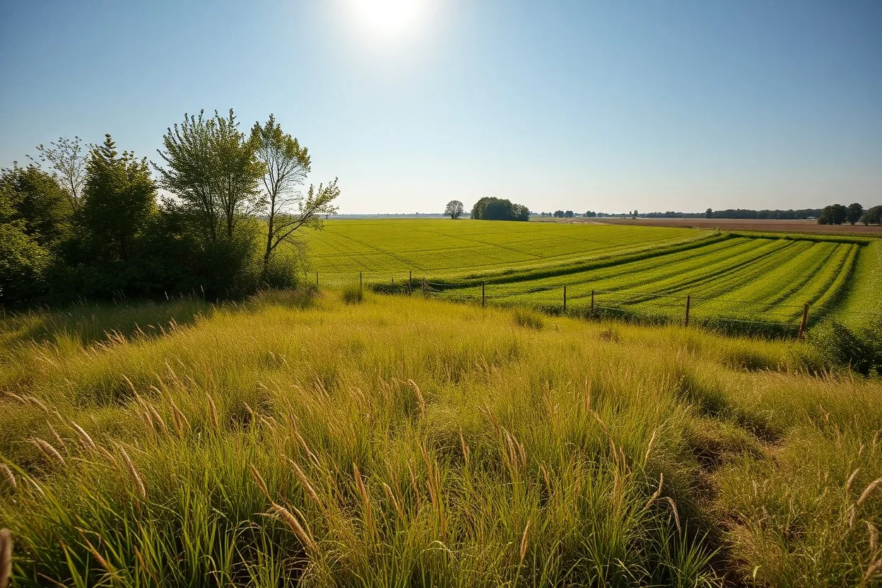 a short wild grass clearing next to an ideal farm field, sunny day, product photo setting, mid-level horizon, low drone photo