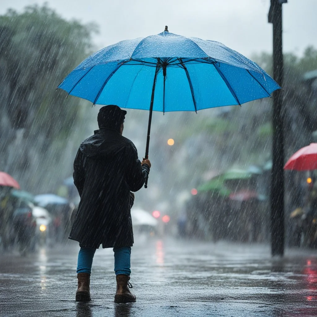 he has an umbrella under the rain