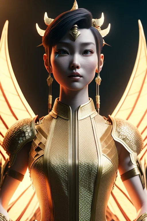 Chun-Li with short hair and dragons wings wearing only dragon scales,mythical,fantasy , magnificent, majestic, highly intricate, Realistic photography, incredibly detailed, ultra high resolution, 8k, complex 3d render, cinema 4d, dynamic pose, laying down