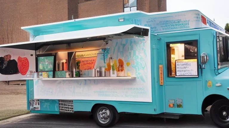 modern looking food truck that has a bunch of bright paint and flashy lights