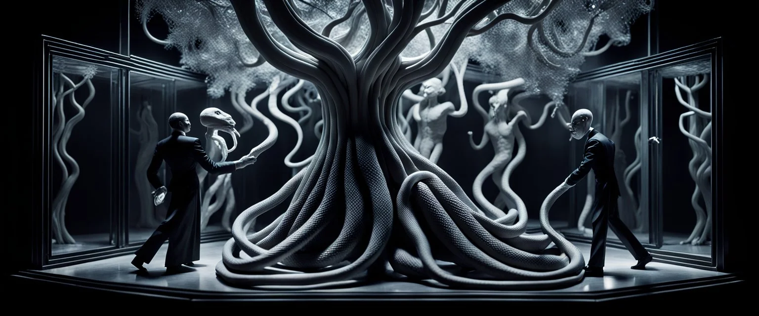 Some well dressed coths figures fighting to contain energy from floating chtonian glowing snakelike transparent moist tree made by twisted snakelike sticks creating weird geometric form in dramatic scene in luxury parlour in the style of Giger and Escher