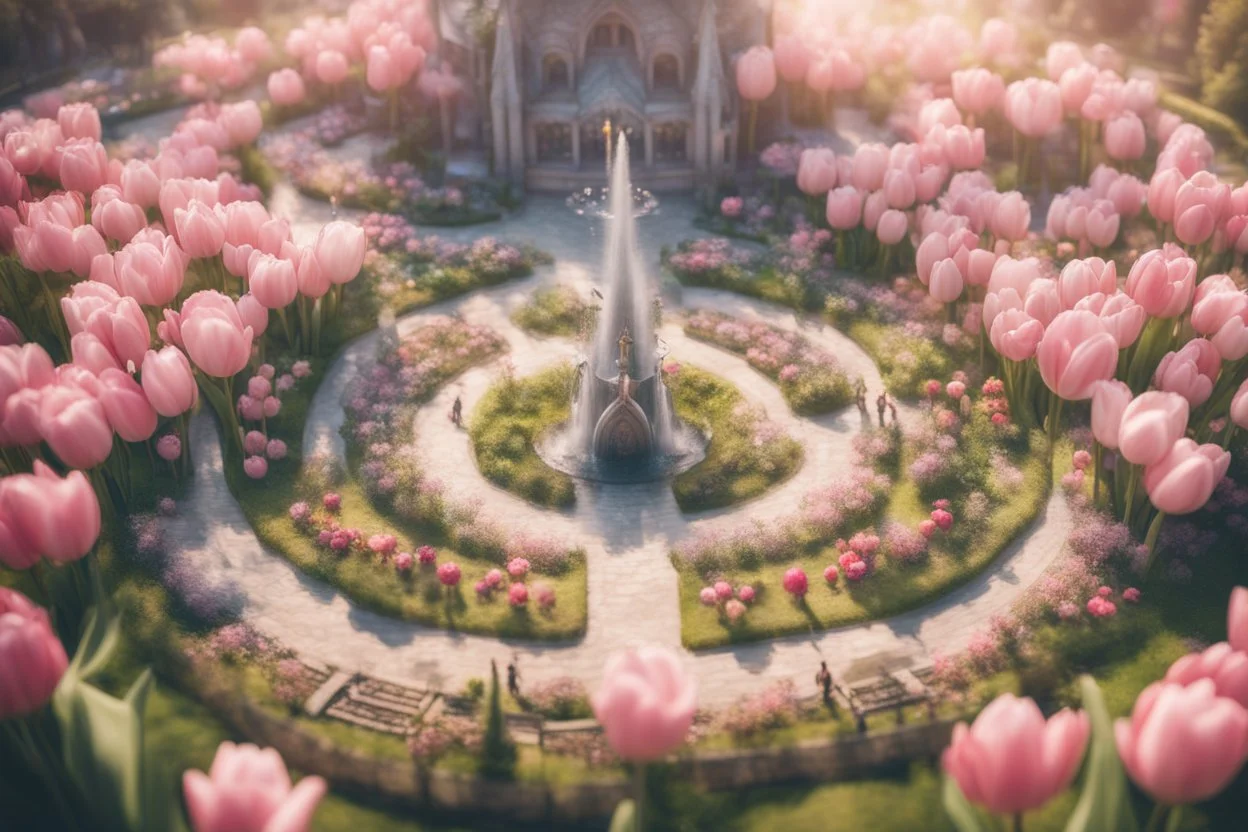 Top view of a cute elf village in the middle of a tulip blossom, shops, park, fountain, elves, in sunshine, ethereal, cinematic postprocessing, bokeh, dof