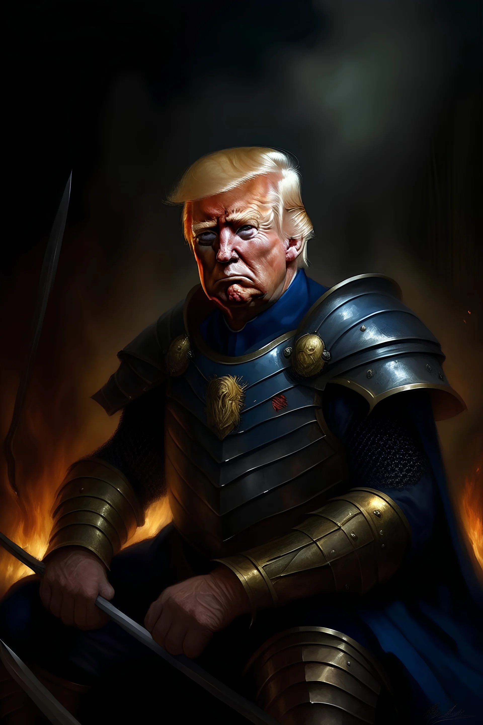 very realistic oil-painted image of Trump the mighty worrier of the force overcoming in battle the evil dark sit lord Joe Biden