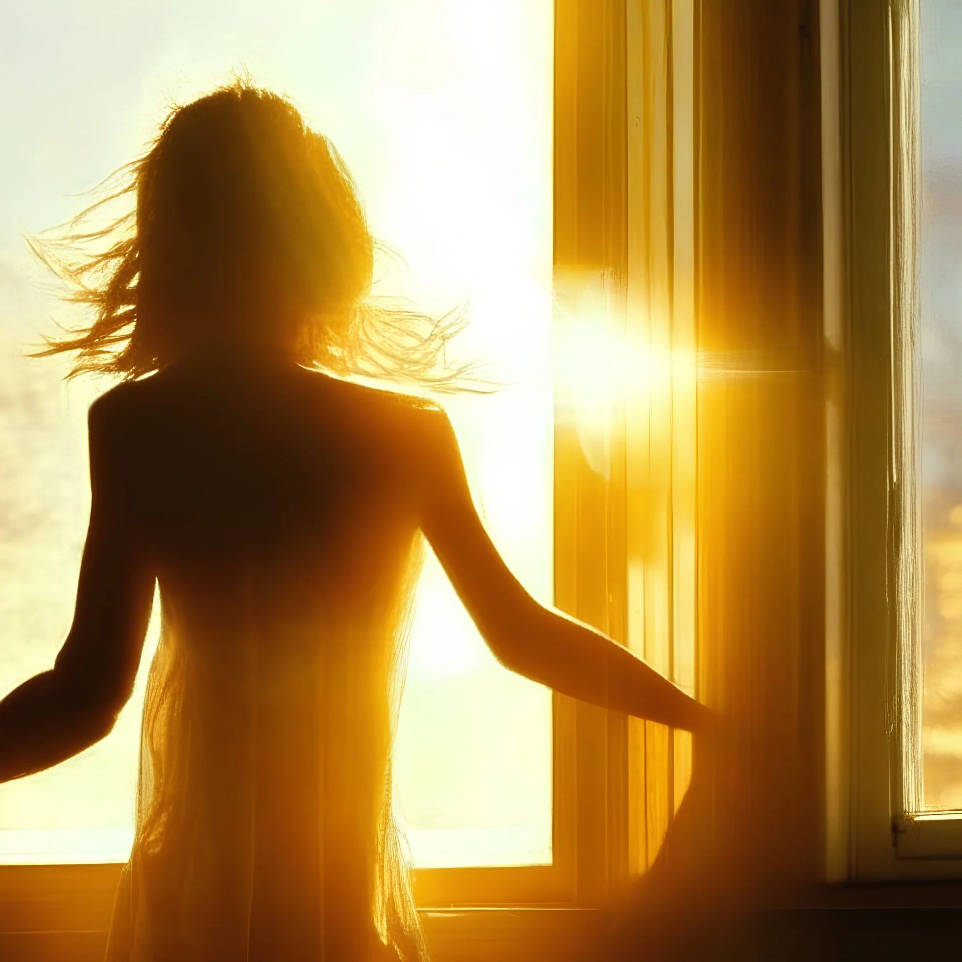 Woman in the sun, back, window