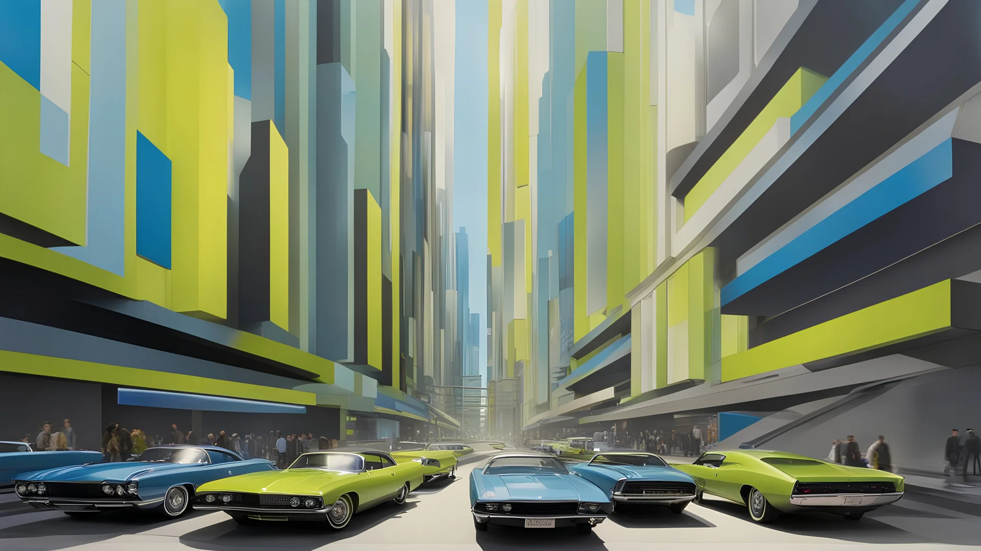 retro futurism style hustle and bustle, loop kick, (deconstruct:43), urban canyon, centered, great verticals, great parallels, hard edge, colors of metallic chartreuse and metallic steel blue