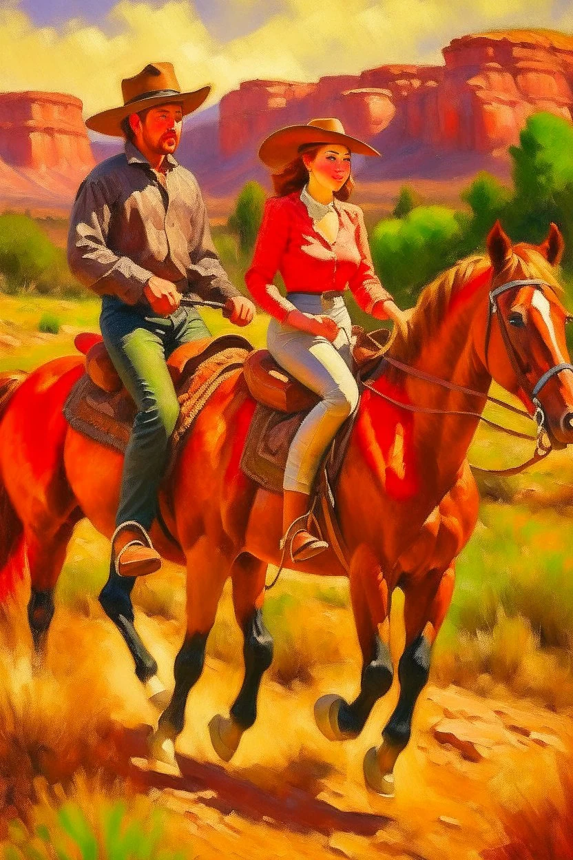 Oil painting of a cowboy and a woman riding horses