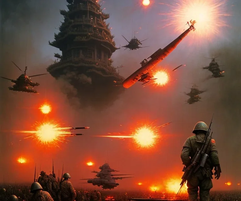 vietnam war. war. napalm. bokeh. lens flare. warm lights. high detailed. beksinski