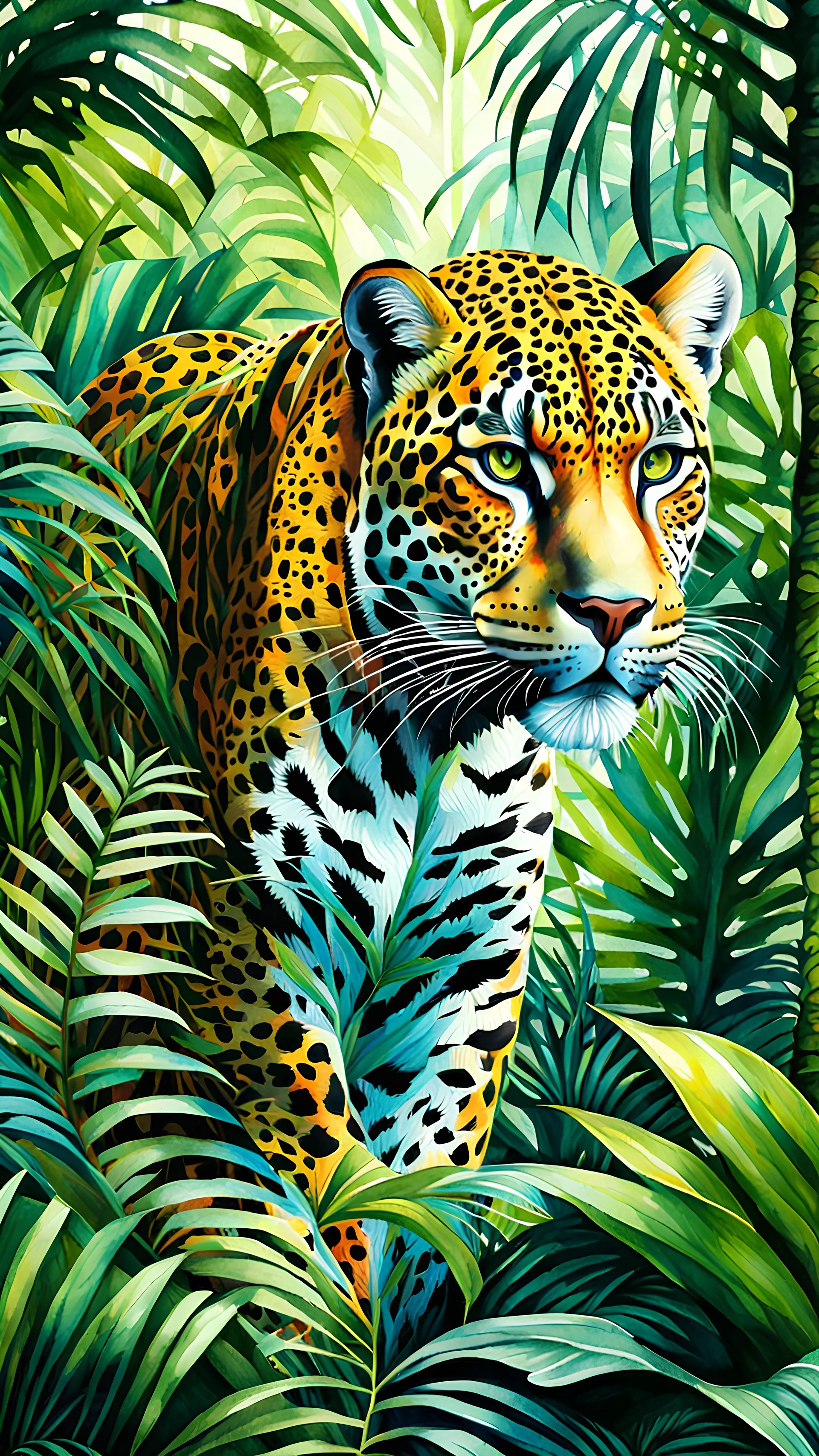 Full body Jaguar en la selva arte acuarela colores contrastantes calidad ultra hiperdetallado maximalista 16k