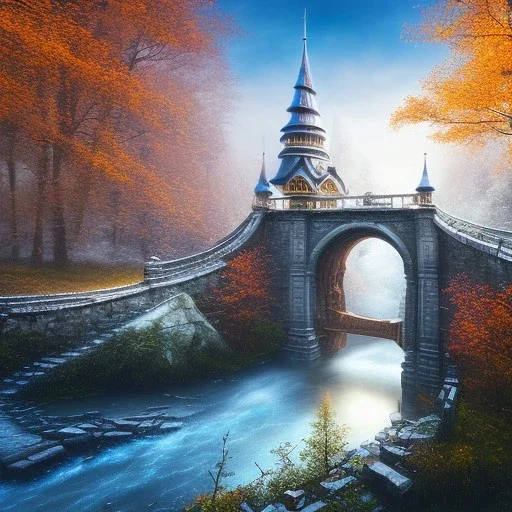 close up on white horse on the bridge, spray painted fantasy art, book cover ,the stairs of a bridge or dam in magical forest,autumn icy water, circular stone in water