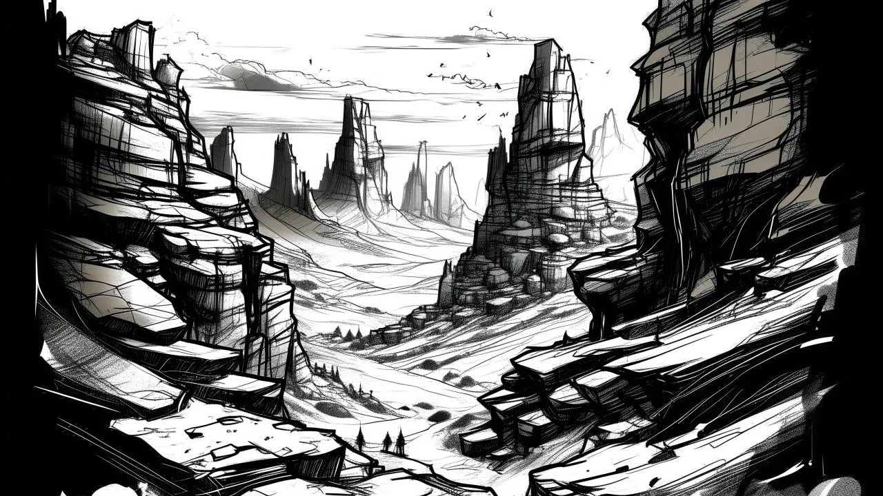 Canyon landscape with book art integrated into the rock formations, winter scene, snow-covered ledges, overcast sky, cold atmosphere., Generates an image in the style of Alfred Freddy Krupa: contemporary ink painting, influences of Eastern ink art and Western expressionism, dynamic and gestural lines, expressive use of negative space, themes of nature and the human figure, minimalist and evocative compositions, a sense of spontaneity and fluidity., The style is dramatic with Dutch lighting for b