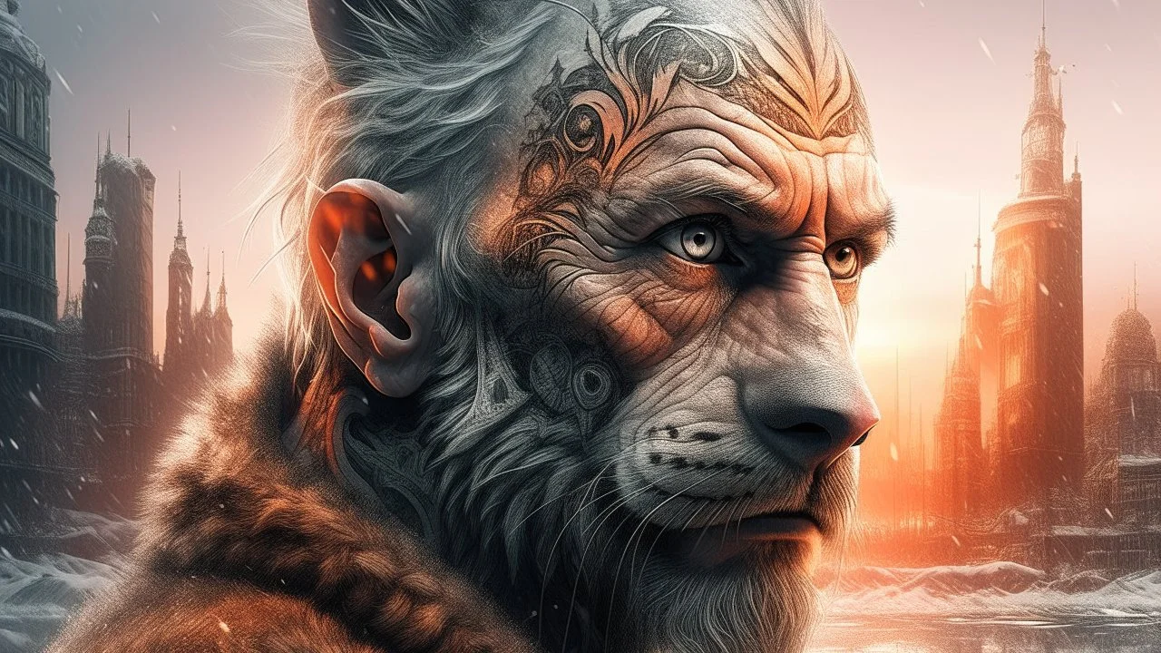 Double exposure, Wolfman, photorealism, man, city, sunset, snow, rain, fantasy, mystical, tattoo, vertical pupils, high detail, high resolution, 8K