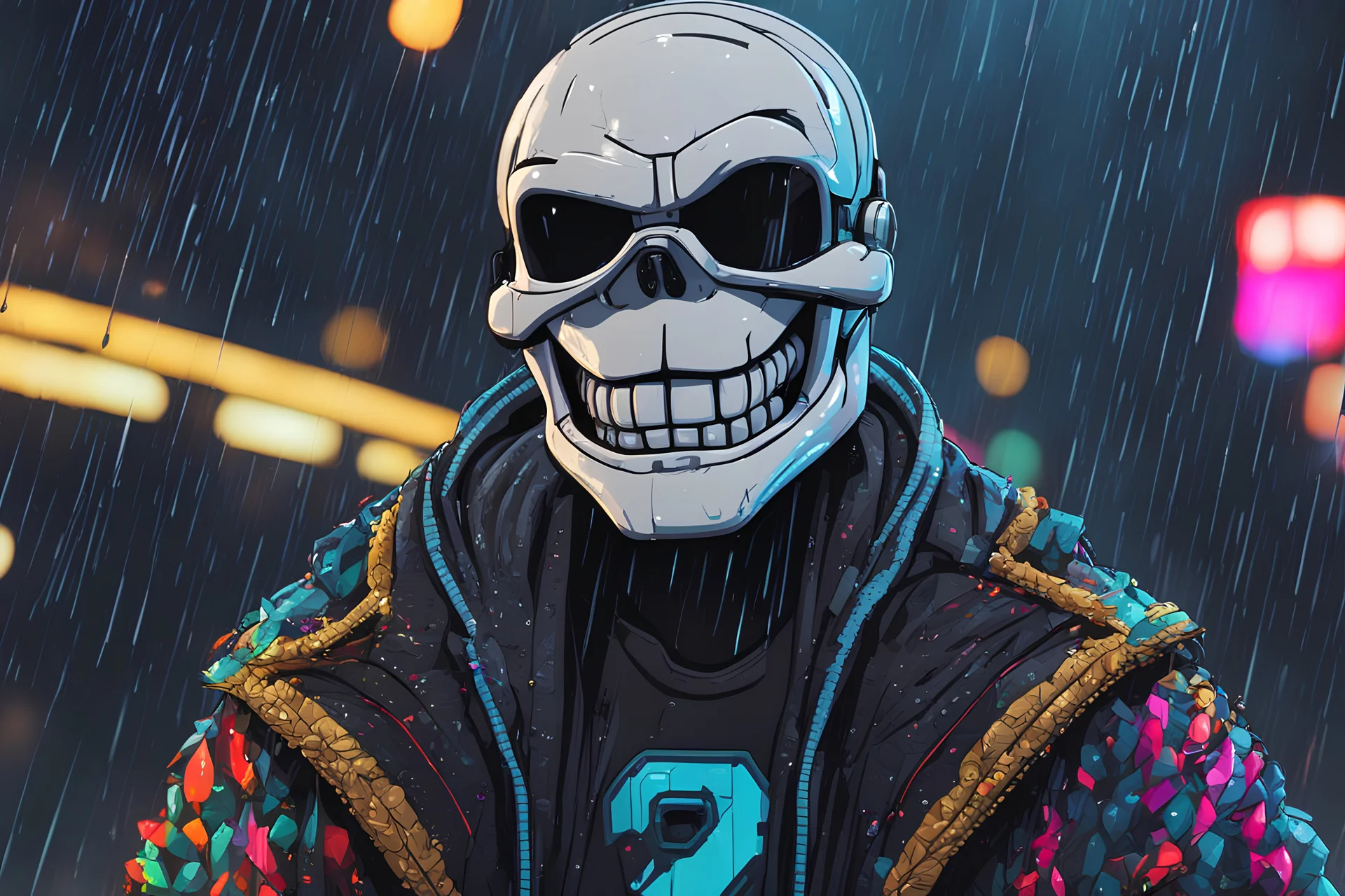 Sans in 8k cartoon artstyle, pixel them, neon effect, close picture, rain, fantasy world, intricate details, highly detailed, high details, detailed portrait, masterpiece,ultra detailed, ultra quality