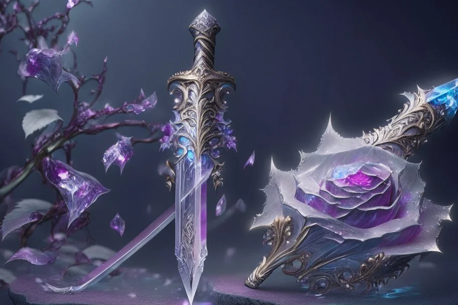 A fantasy zweihander, the blade is made up of glimmering ice, it's hilt is crafted from swirling vines, leading to a vibrant rose crystal at the pommel, with a black background behind it.