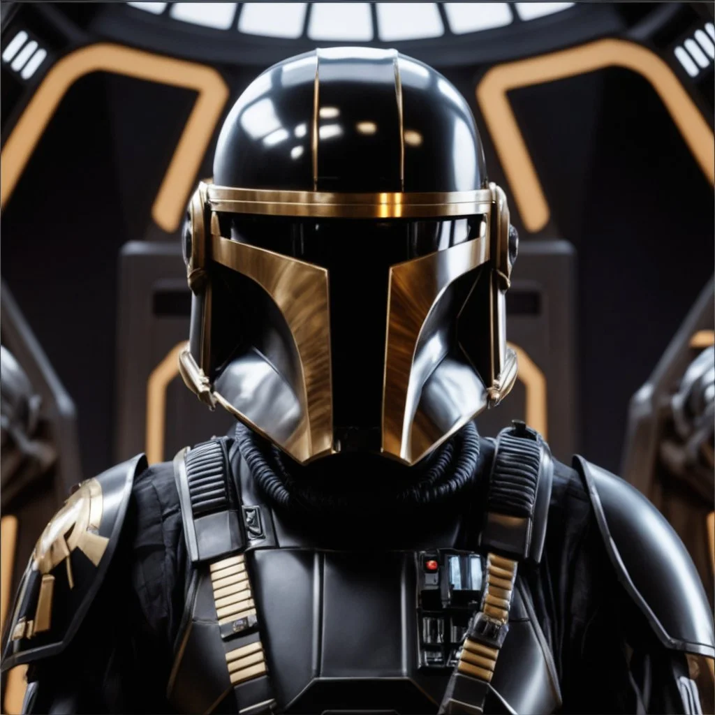 star wars bald male corellian pilot wearing dark gunmetal grey and black First Order special forces TIE pilot armored flightsuit and helmet with gold trim inside the jedi temple, centered head and shoulders portrait, hyperdetailed, dynamic lighting, hyperdetailed background, 8k resolution, volumetric lighting, light skin, fully symmetric details