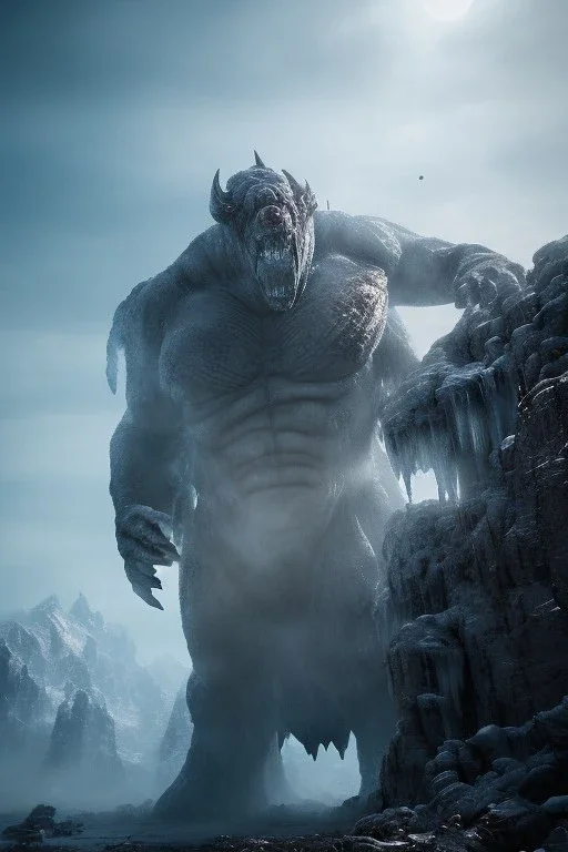 Giant scary humanoid monster, made of stone and ice, dramatic scenery, cold light