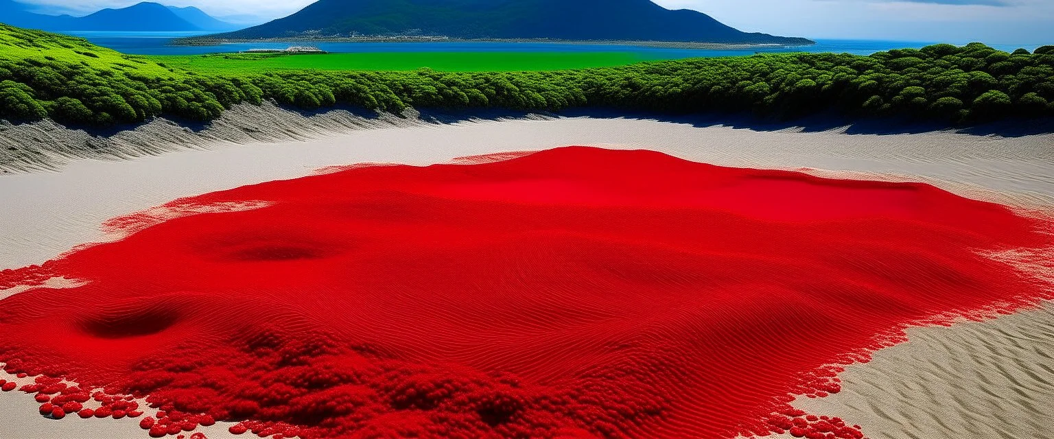 A red beach with an active volcano painted by Keith Haring