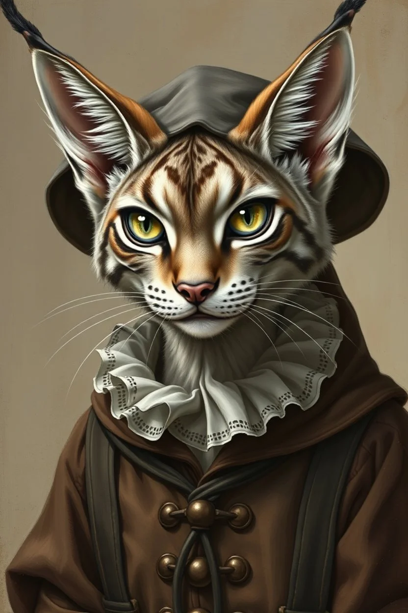 psychic amish alien space lynx with human eyes and hair tips on its ears dressed in amish outfit, painted by Rembrandt, Escher and Giger and some anime genious
