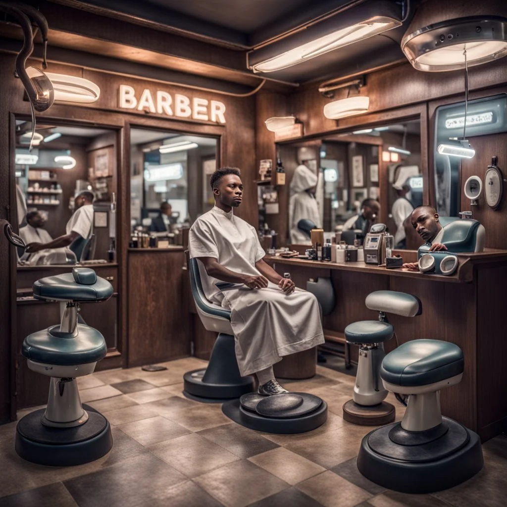 Barber shop a thousand years in the future.